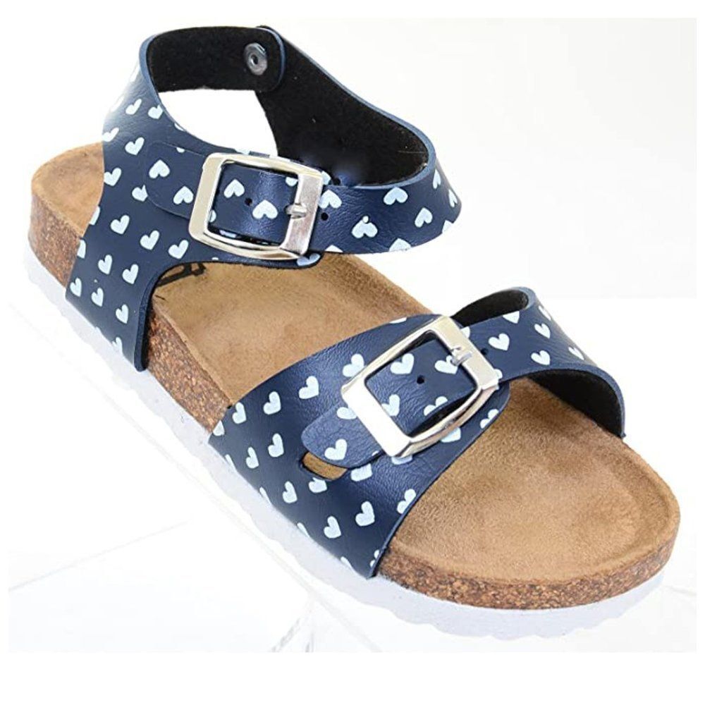 Blue White Hearts Double Banded Cork Sole Girls Flat Sandals SIZE 4